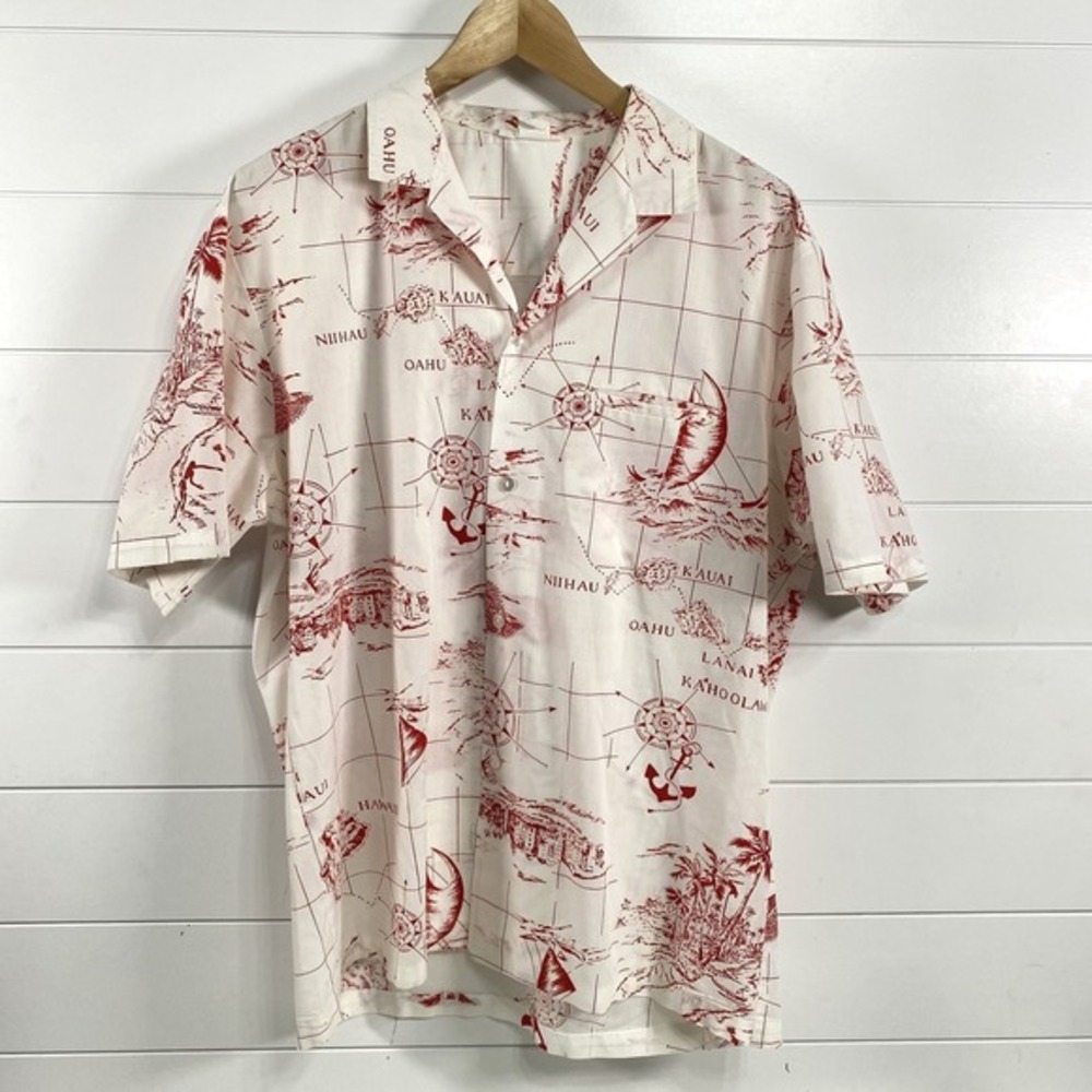 Vintage Made in Hawaii Shirt Mens‎ Large White Red Hawaiian Map Print Aloha 90s